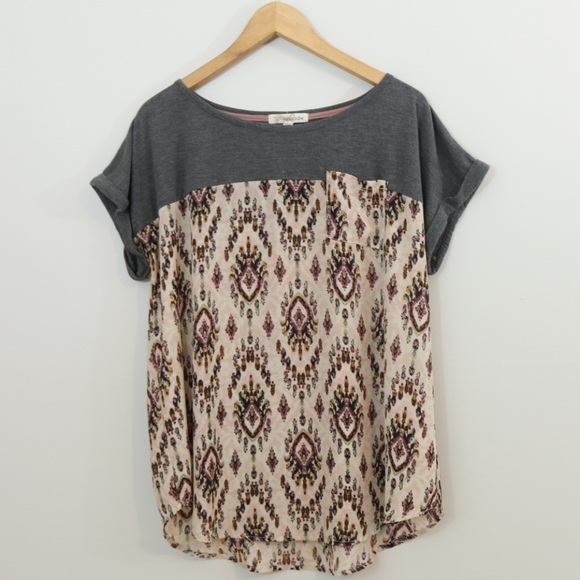 Rewind Tops - Rewind Printed Mixed Media Short Sleeve Top